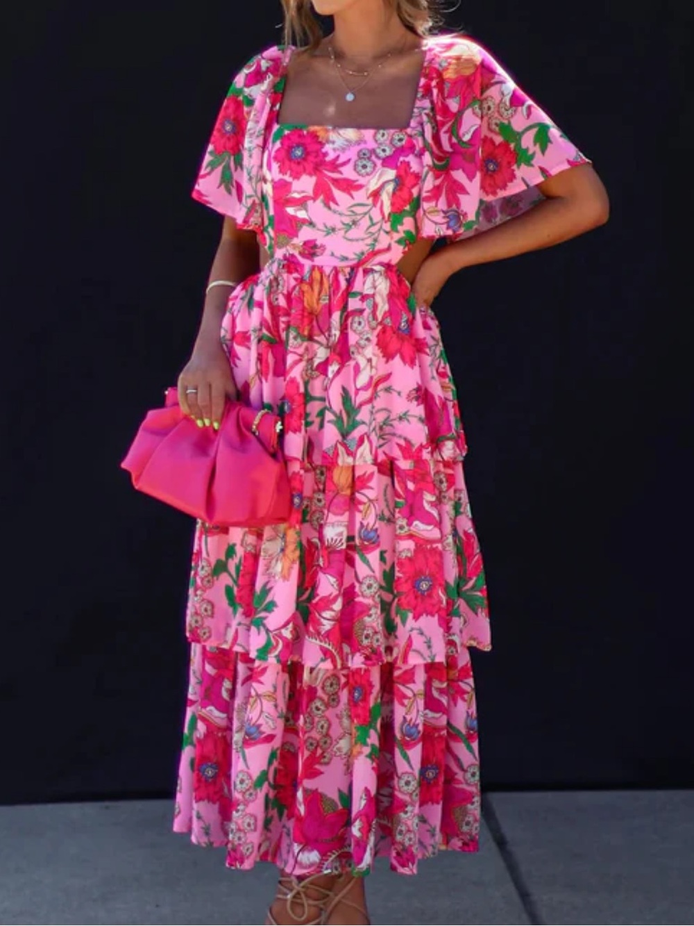 Flying Tomato Pink Floral Tiered Midi/Maxi Dress